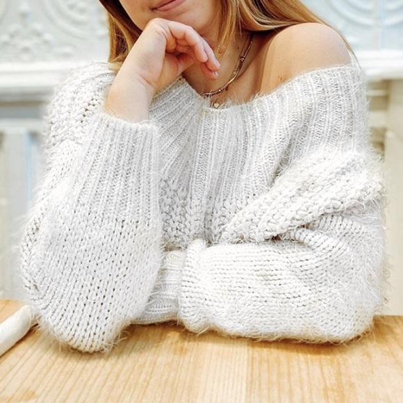 chelsea Sweaters - HONEY fuzzy white off the shoulder knit sweater
